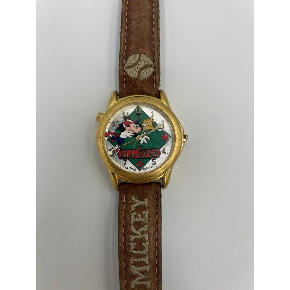 Vintage Mickey Mouse Baseball Lorus Watch With Gold All Star Disney Rare